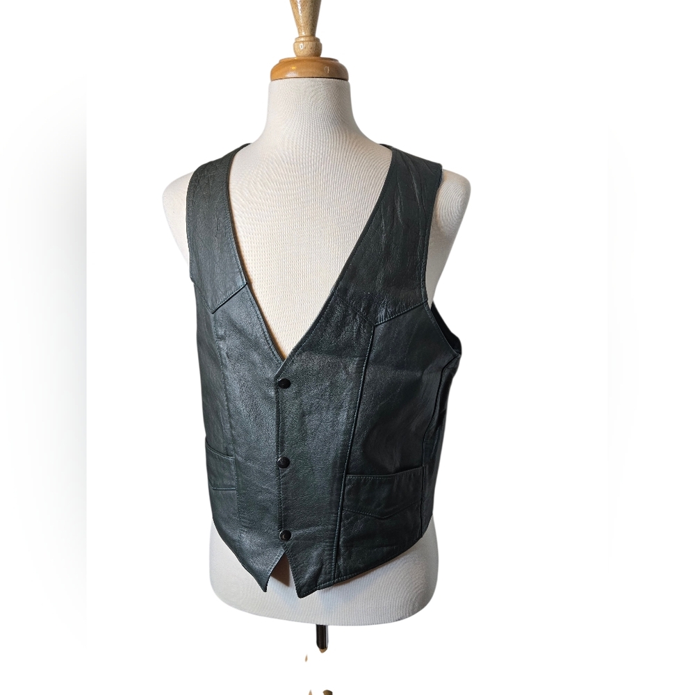 Vintage Dark Green Leather Motorcycle Vest Men’s XL 90s Biker‎ Snap Front